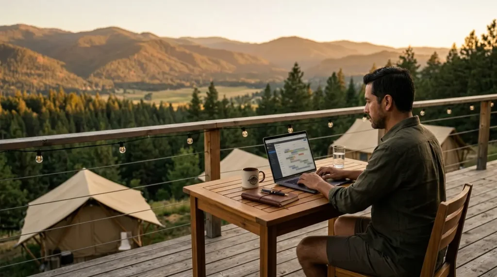 Propietario de glamping gestionando reservas en laptop desde terraza con vista natural al atardecer