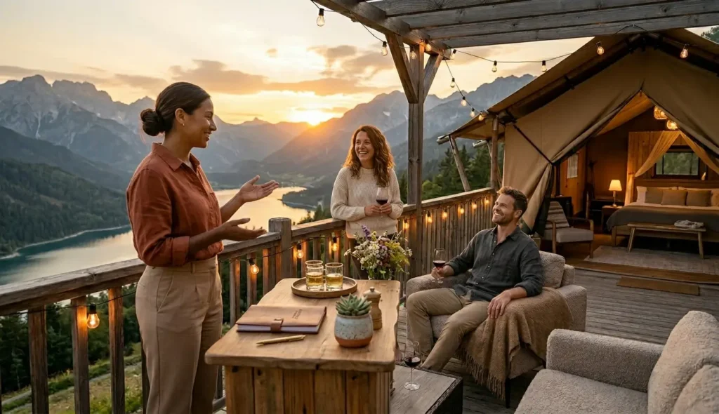 Propietario de glamping dando la bienvenida a huéspedes en un resort natural con contacto directo sin intermediarios